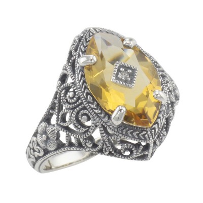 Victorian Style Sterling Silver Golden Citrine Filigree Ring Diamond Center - FR-424-C