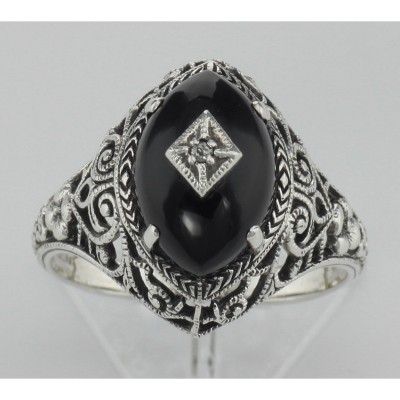 Art Deco Style Black Oynx Ring with Diamond Center - Sterling Silver - FR-424-O
