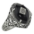 Art Deco Style Black Oynx Ring with Diamond Center - Sterling Silver