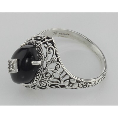 Art Deco Style Black Oynx Ring with Diamond Center - Sterling Silver - FR-424-O