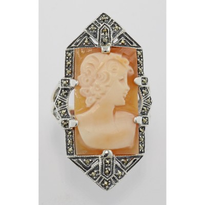 Italian Hand Carved Shell Cameo Ring - Sterling Silver - FR-4721