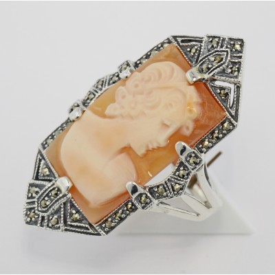 Italian Hand Carved Shell Cameo Ring - Sterling Silver - FR-4721