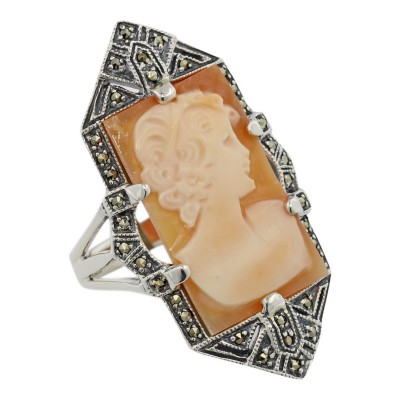 Sterling Silver Mother of Pearl Cameo Ring, Black Enamel and - Ruby Lane