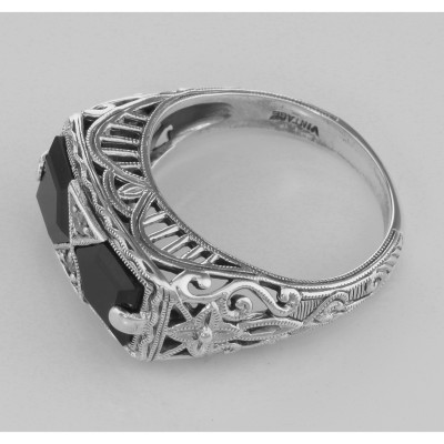 Art Deco Style Black Onyx Filigree Ring with 2 diamonds - Sterling Silver - FR-475-O