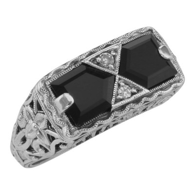 Art Deco Style Black Onyx Filigree Ring with 2 diamonds - Sterling Silver - FR-475-O