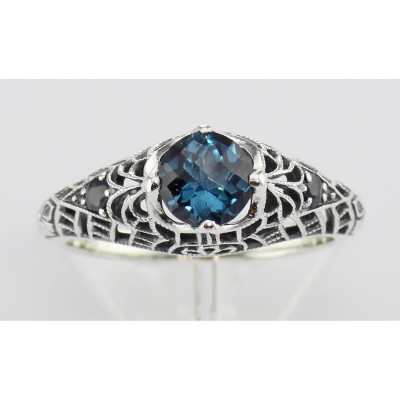 London Blue Topaz Filigree Ring with Sapphire Gems Sterling Silver - FR-48-S-LBT