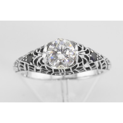 White Topaz Filigree Ring with Genuine Sapphire Accents Sterling Silver - FR-48-S-WT