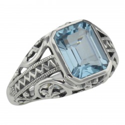 Large Emerald Cut Genuine Blue Topaz Filigree Ring - Sterling Silver