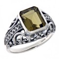 Large Emerald Cut Genuine Olive Quartz Filigree Ring - Sterling Silver