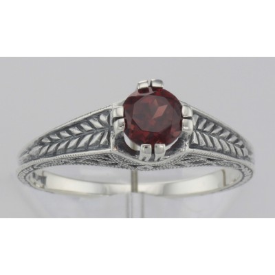 Beautiful Victorian Style Red Garnet Solitaire Filigree Ring Sterling Silver - FR-55-G