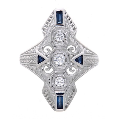 Art Deco Style Filigree CZ Ring Blue Sapphires 14kt White Gold - FR-60-CZ-S-WG