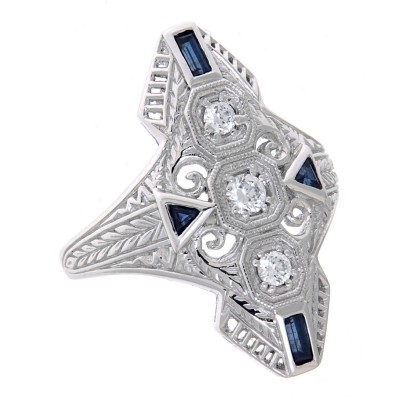 Art Deco Style Filigree CZ Ring Blue Sapphires 14kt White Gold - FR-60-CZ-S-WG