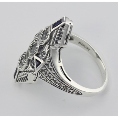 Art Deco Style Filigree Semi Mount Ring w/ Sapphires Sterling Silver - FR-60-SEMI-S