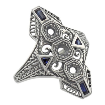 Art Deco Style Filigree Semi Mount Ring w/ Sapphires Sterling Silver - FR-60-SEMI-S