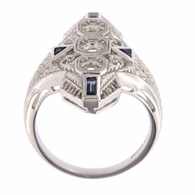 Art Deco Style Filigree Semi Mount Ring w/ Sapphires 14kt White Gold - FR-60-SEMI-S-WG