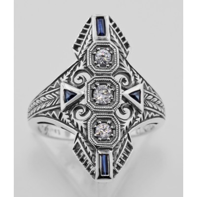 Art Deco Filigree Ring White Topaz Blue Sapphire Accent Sterling Silver - FR-60-WT-S