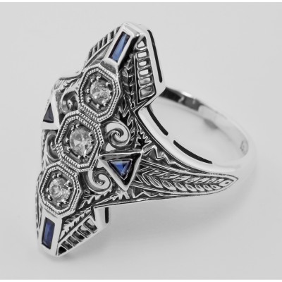 Art Deco Filigree Ring White Topaz Blue Sapphire Accent Sterling Silver - FR-60-WT-S