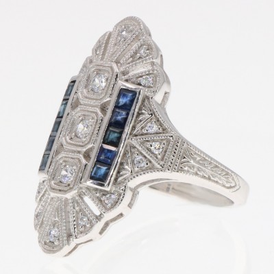 14kt White Gold CZ and Sapphire Filigree Ring - Art Deco Style - FR-61-CZ-WG