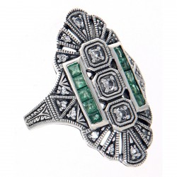 Art Deco Style White Topaz / Emerald Accent Gemstone Ring Sterling Silver