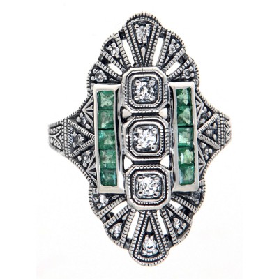 Art Deco Style White Topaz / Emerald Accent Gemstone Ring - Sterling Silver - FR-61-E-WT
