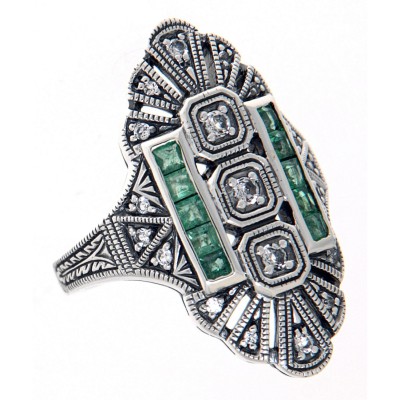 Art Deco Style White Topaz / Emerald Accent Gemstone Ring - Sterling Silver - FR-61-E-WT