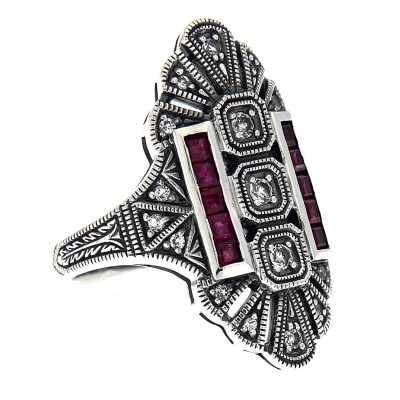 Art Deco Style White Topaz / Red Ruby Gemstone Ring - Sterling Silver - FR-61-WT-R