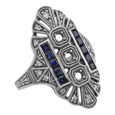 3 Stone Semi Mount Sapphire Ring - Art Deco Style - Sterling Silver - FR-61-SEMI-S