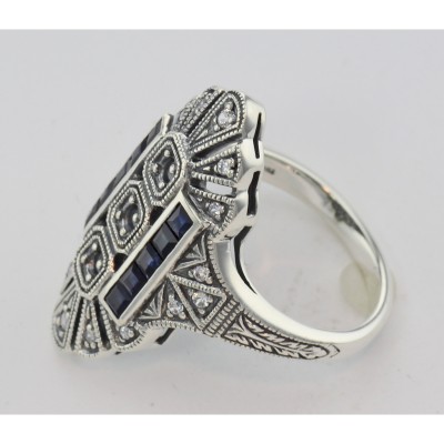 3 Stone Semi Mount Sapphire Ring - Art Deco Style - Sterling Silver - FR-61-SEMI-S