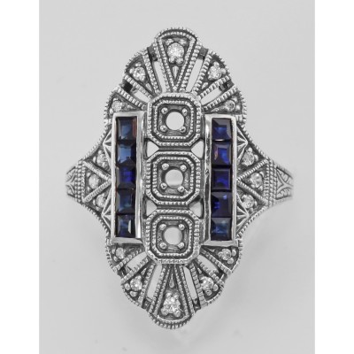3 Stone Semi Mount Sapphire Ring - Art Deco Style - Sterling Silver - FR-61-SEMI-S