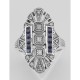 Art Deco Style White Topaz / Genuine Blue Sapphire Ring - Sterling Silver - FR-61-WT-S