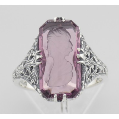 Roman Style Amethyst Colored Crystal Reverse Intaglio Filigree Ring - Sterling Silver - FR-633-AM