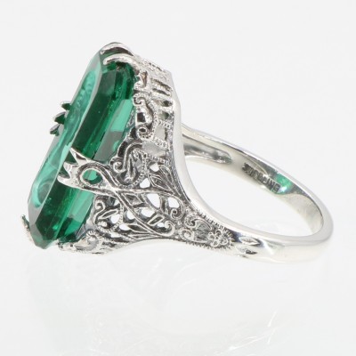 Roman Style Emerald Colored Crystal Reverse Intaglio Filigree Ring - Sterling Silver - FR-633-EM