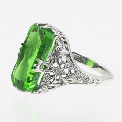 Roman Style Green Colored Crystal Reverse Intaglio Filigree Ring - Sterling Silver - FR-633-GR