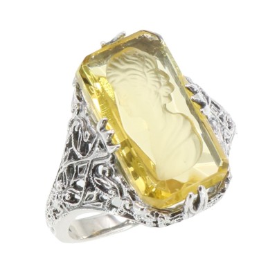 Roman Style Yellow Colored Crystal Reverse Intaglio Filigree Ring - Sterling Silver - FR-633-YL