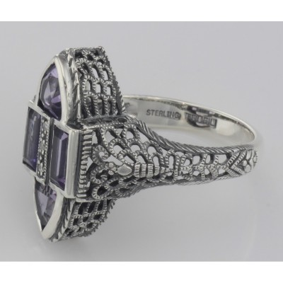 Antique Style Four Stone Amethyst and Diamond Ring - Sterling Silver - FR-652-AM