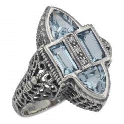 Antique Style Four Stone Blue Topaz and Diamond Ring - Sterling Silver