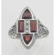 Antique Style Four Stone Red Garnet and Diamond Ring - Sterling Silver - FR-652-G