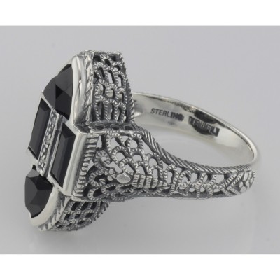 Antique Style Four Stone Black Spinel and Diamond Ring - Sterling Silver - FR-652-O