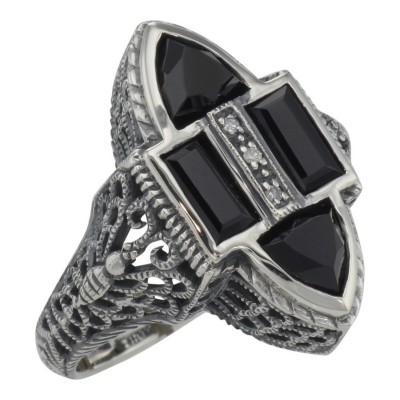 Antique Style Four Stone Black Spinel and Diamond Ring - Sterling Silver - FR-652-O