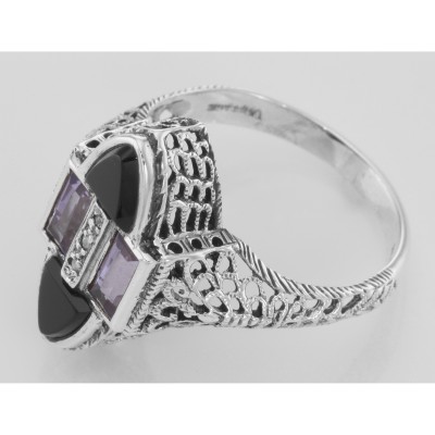 Antique Style Four Stone Black Spinel Amethyst  Diamond Ring Sterling Silver - FR-652-O-AM