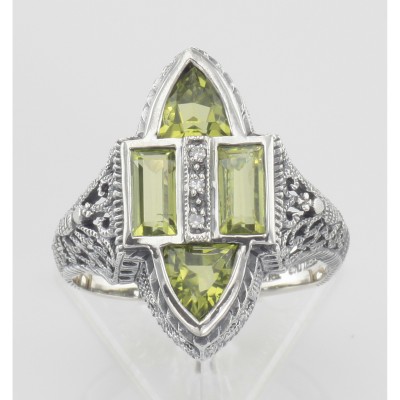 Antique Style Four Stone Peridot and Diamond Ring - Sterling Silver - FR-652-P