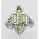 Antique Style Four Stone Peridot and Diamond Ring - Sterling Silver - FR-652-P