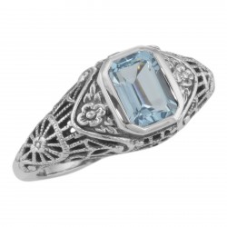 Victorian Style Blue Topaz Filigree Ring Floral Design Sterling Silver