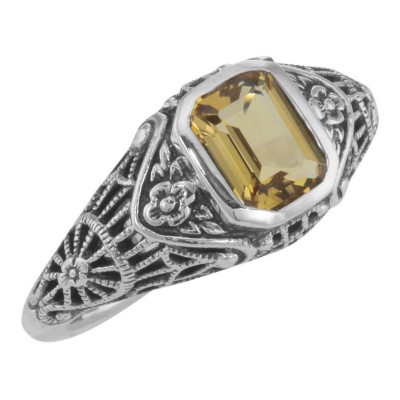 Victorian Style Citrine Filigree Ring with Floral Design - Sterling Silver - FR-67-C