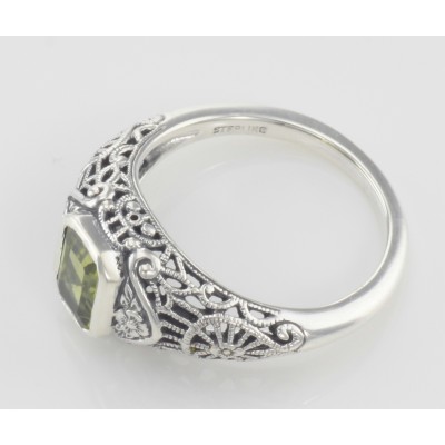 Victorian Style Peridot Filigree Ring with Floral Design - Sterling Silver - FR-67-P