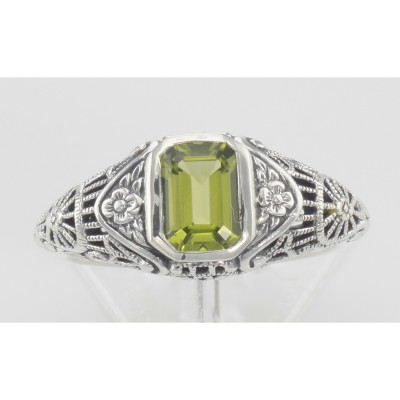 Victorian Style Peridot Filigree Ring with Floral Design - Sterling Silver - FR-67-P