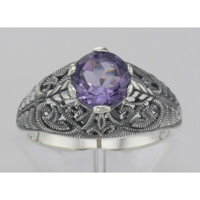 Victorian Style Genuine Amethyst Solitaire Filigree Ring - Sterling Silver - FR-698-AM