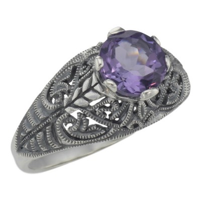Victorian Style Genuine Amethyst Solitaire Filigree Ring - Sterling Silver - FR-698-AM