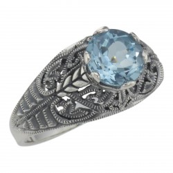 Victorian Style Genuine Blue Topaz Solitaire Filigree Ring Sterling Silver