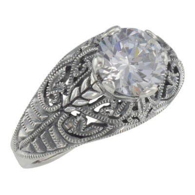 Classic Victorian Style Cubic Zirconia Filigree Ring - Sterling Silver - FR-698-CZ